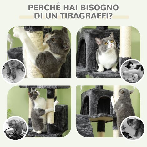 Arbre à chat gris 49x49x173 cm avec 2 cabanes, 3 plateformes, jouets pendus en bois et peluche