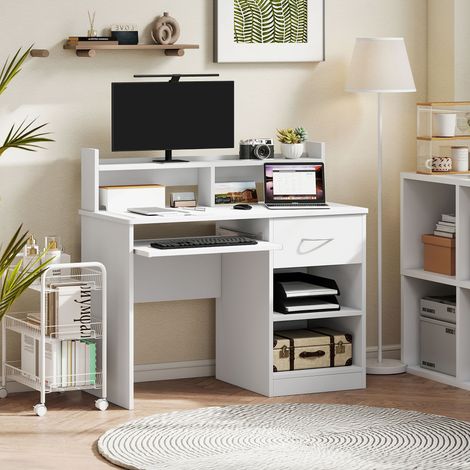 Bureau bureau PC fixe en bois blanc avec étagère et étagères à clavier retirable 104x48x95,5 cm - compact d’ordinateur
