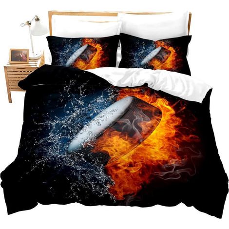 Eishockey Bettwäsche Set 200x200 cm mit 2 Kissenbezügen 80x80 cm, Flammen & Wasser Design