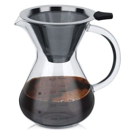 Cafetière à verser, 400 ml en verre borosilicaté, cafetière à verser, cafetière manuelle avec filtre en acier inoxydable