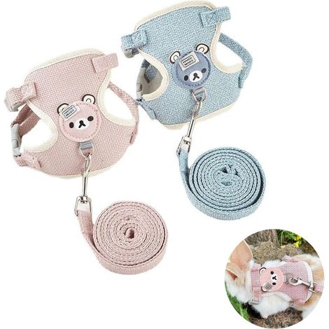 Ensemble de 2 laisses réglables pour lapins, harnais et laisse rembourrés réglables pour lapins, chiots, chatons et autres petits animaux (rose, bleu) (1/4)