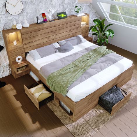 Lit 180x200cm - Éclairage LED avec Niche - Tables de Nuit Suspendues - Tiroirs de Rangement - Ports USB et Type-C - Structure Bois et Métal - Capacité 300kg - Chêne (1/5)