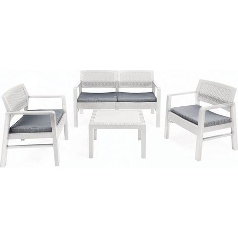 TRADE SHOP - Set Salotto Giardino Esterno Con Divano 2 Poltrone Tavolino Effetto Rattan Con Cuscini - Bianco