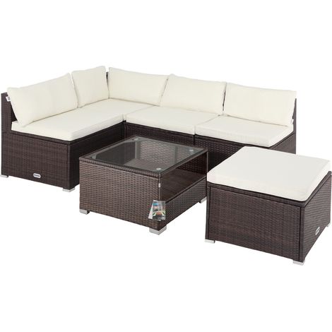 CASARIA® Gartenmöbel Lounge Set Wetterfest 5 Personen Polyrattan Sicherheitsglas Tisch Outdoor Sitzkissen Terrassenmöbel Eck Sofa braun/creme