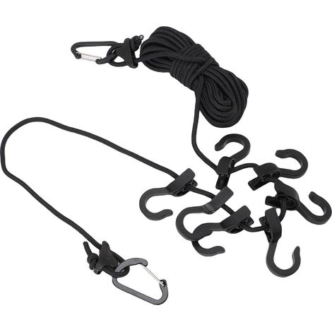 Corde à linge de voyage portable, réglable en longueur (5 m), résistante au vent, avec crochets, idéale pour le camping et les activités de plein air (noire). (1/5)
