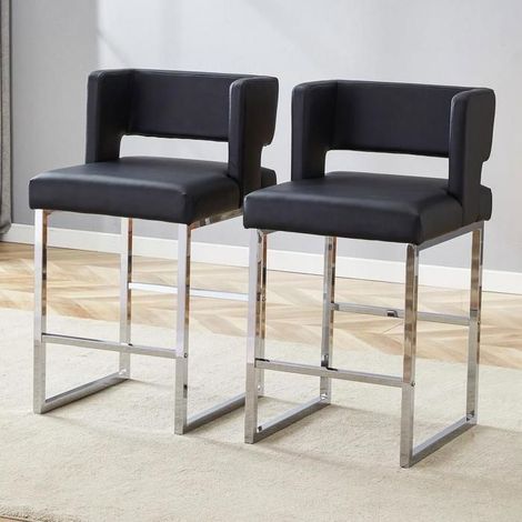 Tabouret de bar - KOMHTOM - Scandinave - Noir PU - Siège carré rembourré - Pieds métal - Lot de 2 (1/5)