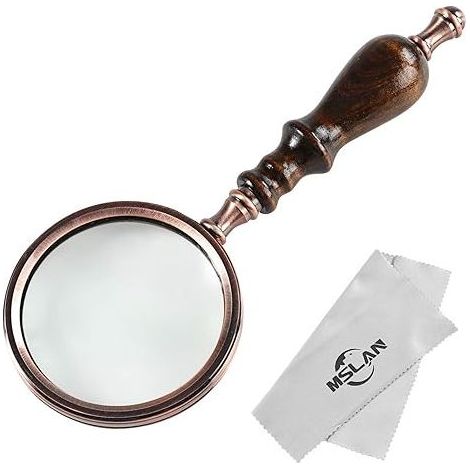 Loupe de lecture 10x en cuivre antique avec manche en bois et verre véritable, idéale pour les personnes âgées et les personnes atteintes de dégénérescence maculaire. (1/5)