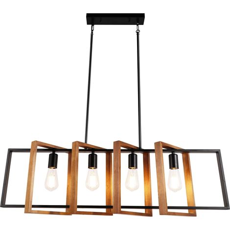 Moderna illuminazione per isola cucina, 4 luci, 90 cm. Moderna lampada a sospensione in metallo/legno con finitura in legno nero rustico, lampadario per sala da pranzo/cucina, metallo, E27, lampadine (1/5)