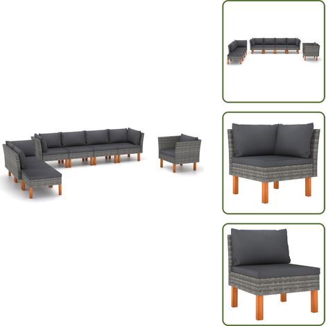 8-tlg. Garten-Lounge-Set Poly Rattan und Eukalyptusholz Grau - Gartensitzgruppe - Lounge-Set - Gartenmöbel - Outdoor-Möbel - Rattanmöbel