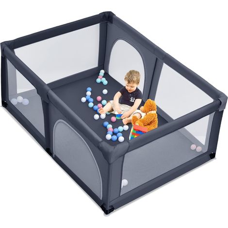 COSTWAY Box per Bambini, Centro Attività Portatile e Sicuro per Bambini, Box Colorato con Cancello, Recinto Extra per Interno ed Esterno con Rete Traspirante Durevole (Grigio scuro) (1/5)