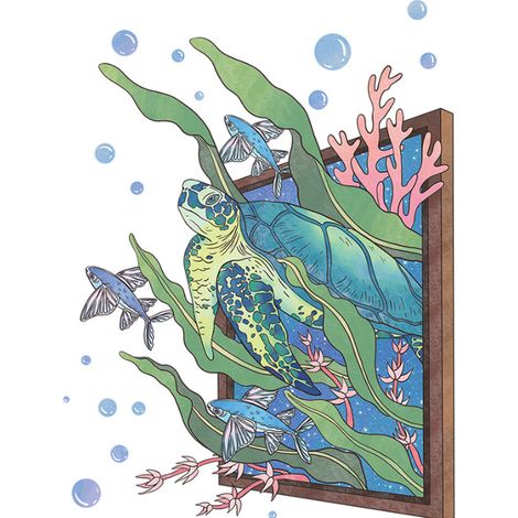 Autocollants muraux de salle de bain motif tortue rêveuse et algues, autocollants muraux auto-adhésifs pour décoration intérieure