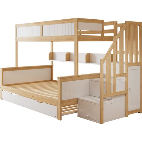 Kinder Etagenbett mit Rollbett, Kleiderschrank und Stauraumtreppe, Kiefer MDF, Weiß Natur (1/5)