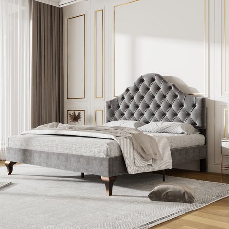 Bett 140x200 cm klassisch gepolstert in Grau aus Samt mit verstellbarem Kopfteil und Lattenrost (1/5)