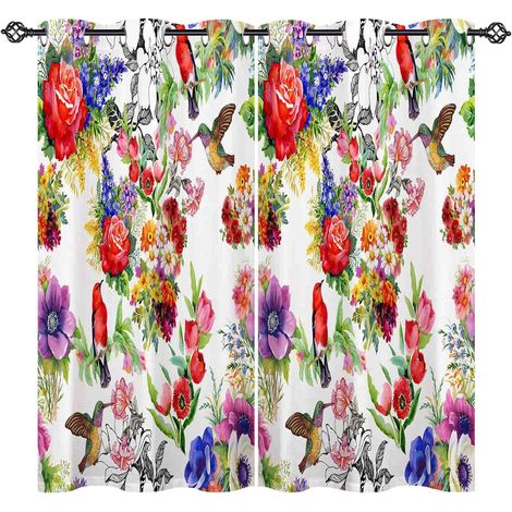 Rideau Occultant Aquarelle Feuille Fleur Oiseaux Tenture Opaque à Oeillets Draperies Intérieurs Rideau Thermique Isolant pour Maison Chambre Salon Fenetre 2 Pièces L 107 x H 160 cm - 107L X 160H cm (2 (1/5)
