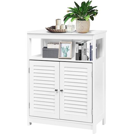GOPLUS Armoire de Salle de Bains, Meuble de Rangement sur Pieds, Armoire de Salle de Bain en MDF avec 2 Portes a Volets et Etagere Reglable, Convient pour Entree,Salon, 60x30x80CM (Blanc)