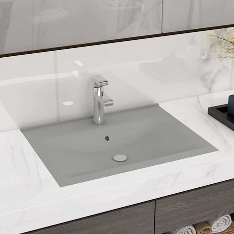 Vasque de luxe avec trou de robinetterie, gris clair mat, 60 x 46 cm, céramique (1/5)
