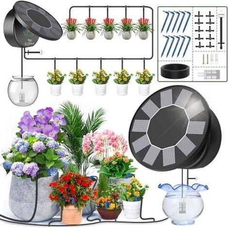 Solarbetriebenes Tropfbewässerungssystem, neues automatisches Set mit rundem Deckel (Modelljahr 2025) für Zimmer- und Balkonpflanzen, inklusive Zeitschaltuhr und 10 m Schlauch. (1/5)