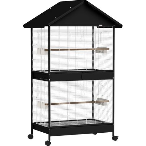Voliere per uccelli grande in acciaio nero con divisorio, 2 porte, ruote e accessori (1/4)