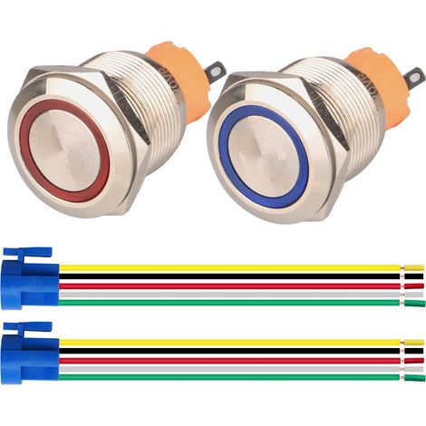 2 pièces Bouton poussoir,Acier inoxydable,Étanche 220V-230V,LED bleue et rouge,Trou de montage 22mm,Pour panneau électrique