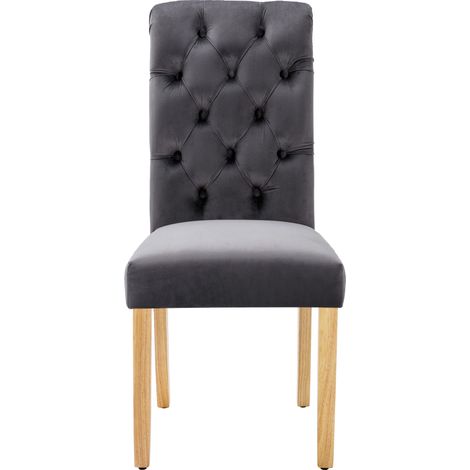 Lot de 2 chaises de salle à manger en velours avec pieds en chêne, bouton, heurtoir chromé, chaise de chambre, chaise de cuisine, chaise de salon, chaise lounge, chaise de loisirs, gris (1/5)