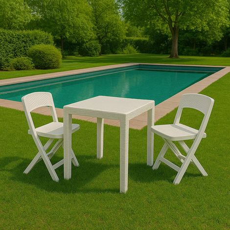 Dmora - Outdoor Lounge Set Sanzeno, Outdoor oder Indoor Lounge Set, Quadratischer Tisch mit 2 Klappstühlen, Made in Italy, Weiß (1/3)