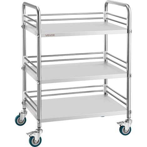 VEVOR Edelstahlwagen 3-stöckiger Rollwagen für Labor & Küche mit Feststellbaren Rädern, Servierwagen für Medizinische Einrichtungen, Mobiles Serviertablett für Krankenhäuser Restaurants Küchen (1/5)