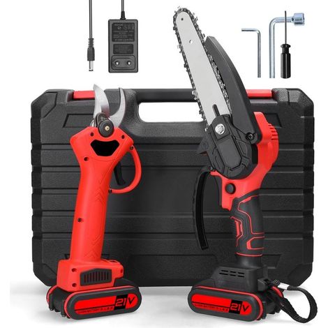 Tronçonneuse à batterie 6 pouces avec 2 batteries 21V Moteur à balais performant Coupe nette pour bois dur et teck Sécateur électrique inclus (1/5)