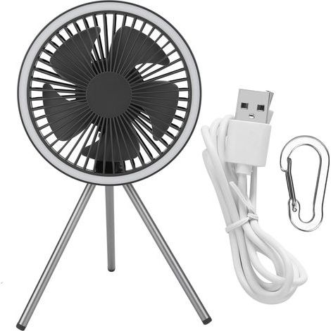 Ventilateur portable de camping réglable 3 vitesses avec minuterie, rechargeable par USB, gris, trépied amovible pour extérieur (1/5)