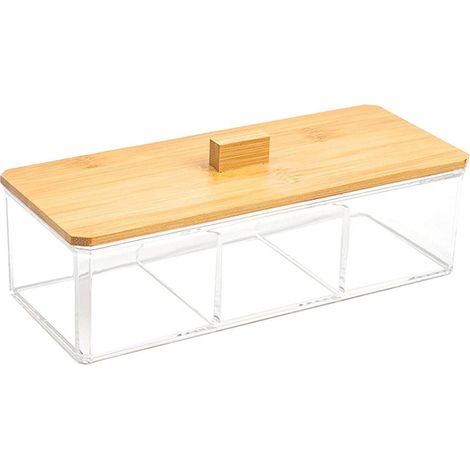 Organisateur De Compartiments - Pour Coton-Tiges Et Disques Démaquillants - En Bambou Et Acrylique - 3 Compartiments - 23 X 9 X 7 Cm (1/5)