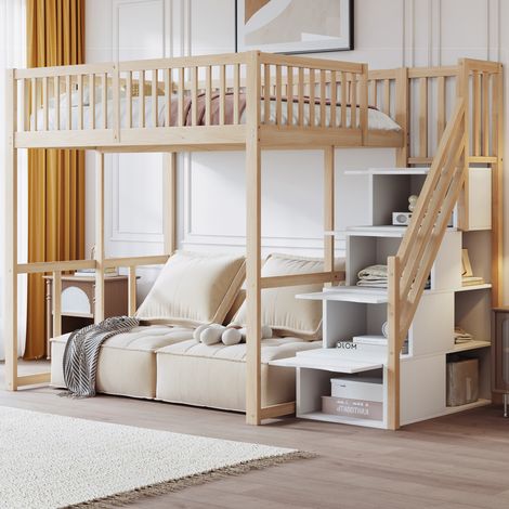 Lit mezzanine 140x200 cm en pin avec escalier de rangement et barrières de sécurité (1/5)