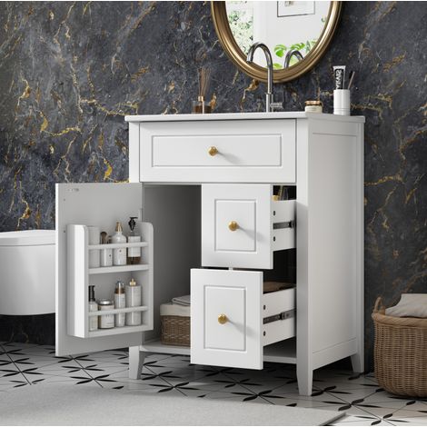 Mobile bagno da terra 61 cm bianco con lavabo in ceramica, maniglie oro, OKWISH (1/5)
