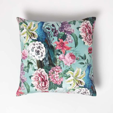HOMESCAPES Floral Peacock Pink & Green Filled Velvet Cushion 46 x 46 cm