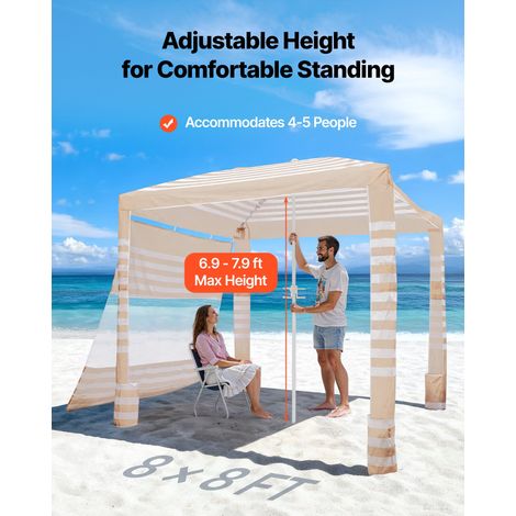 Tonnelle de Plage 2,4 x 2,4 m, Abri Soleil avec Parois Latérales et Poches à Sable, Tente de Plage Portable pour Camping Extérieur, Protection UPF 50+, Hauteur Réglable, Espace Ombragé Spacieux (1/5)