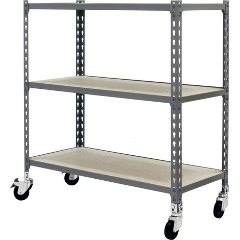 Etagères de rangement en métal, 975x1100x300 mm, 3 étagères en bois, avec roulettes, Flex Point 75 kg, Gris/Bois - SimonRack (1/2)