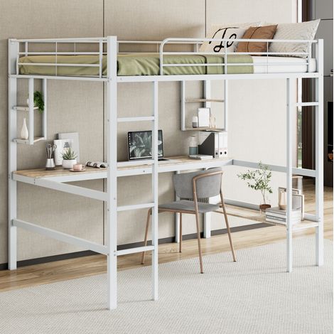 Lit mezzanine 140x200 cm métal blanc – avec bureau et étagères, sans matelas (1/5)