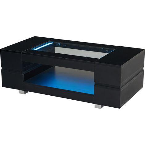 Couchtisch Rechteckig mit 2 Ebenen und LED, Steuerung per App und Fernbedienung, für Wohnzimmer, Schwarz 100 × 50 × 35 cm (1/5)