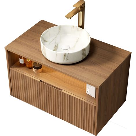 Meuble vasque de salle de bains suspendu 80 cm avec vasque bol en céramique motif pierre blanche, meuble en contreplaqué rayé avec tiroir et étagère, éclairage à capteur, préassemblé, grain de chêne b