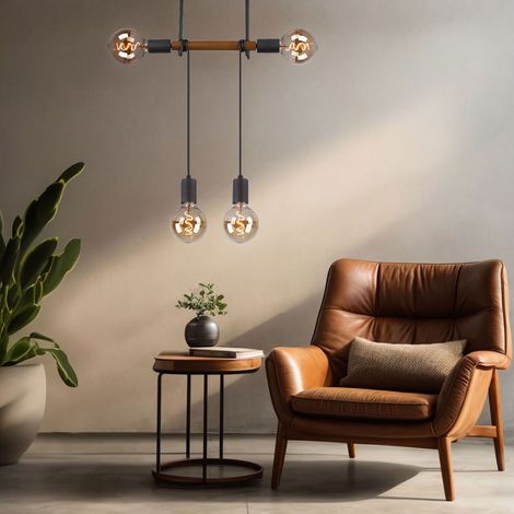 Hängeleuchte Höhenverstellbar Pendelleuchte Esszimmerleuchte Holz, Metall schwarz braun, 4x E27 Fassungen, LxBxH 39x6x100 cm