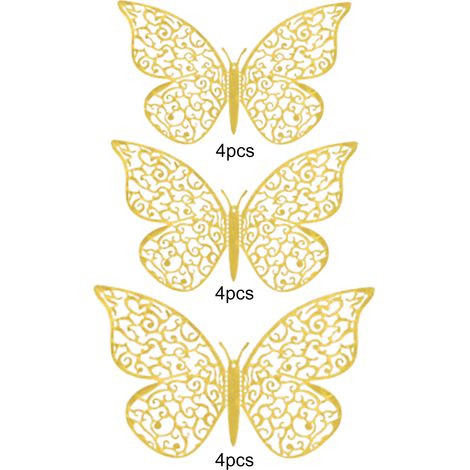Pegatinas decorativas de mariposas 3D [12 piezas] Multicolor (dorado, plateado, rosa) sobre papel – Varios tamaños (12 x 8,8 cm, 10 x 7,2 cm, 8 x 5,8 cm) para paredes y eventos (1/5)