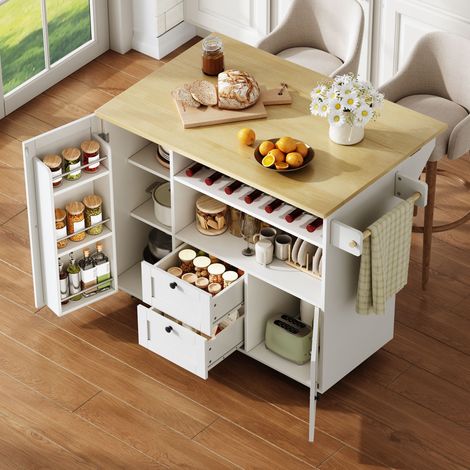 Îlot central de cuisine extensible Blanc,Desserte Cuisine avec 2 tiroirs,plan de travail,sur roulettes,104x45(69)x89cm (1/5)