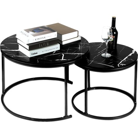 Table basse, table gigogne, noir, lot de 2, table d'appoint, Cadre noir, tables rondes avec motif en marbre, tables en bois, salon, chambre(60x60x45cm+40x40x38cm) (1/5)