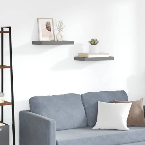 Lot de 2 Étagère murale flottante Étagère de Rangement - Meuble de rangement Gris brillant 40x23x3,8 cm MDF BV381893 - BonneVie (1/5)