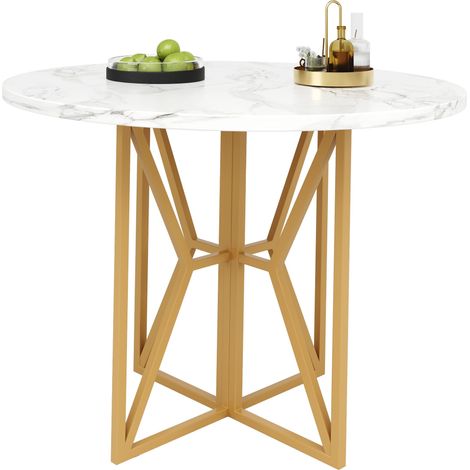 Mesa de Comedor Redonda en MDF y Metal con Motivo Marmoleado, Patas Ajustables - 80×80×76 cm, Dorado (1/5)