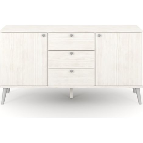 Augusta Curve Medium Sideboard with 2 Doors, 3 Drawers - Pine/Plastic - L43 x W130.6 x H73.6 cm - White/Silver - Flat Packed