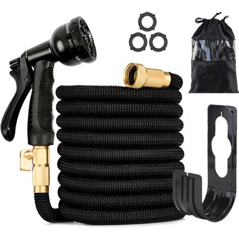 Tuyau d'arrosage Extensible 10m, Tuyau d'eau Flexible avec Pistolet d'Arrosage à 8 Modèles d'Irrigation, Raccords de 3/4" et 1/2" en Laiton Massif, Tuyau d'arrosage avec Sac de Rangement, Noir (1/5)