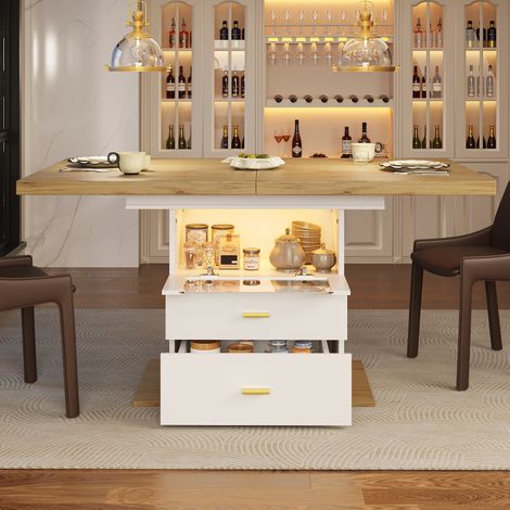 Table à Manger Extensible 110/140cm - Avec LED Smart et Rangement - Porte en Verre Éclairée et 2 Tiroirs - Structure MDF Robuste - Blanc (1/5)