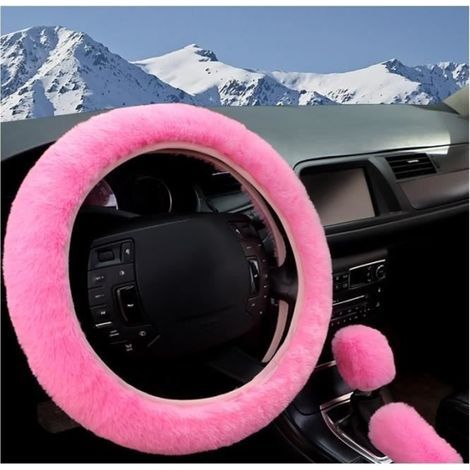 Set di coprivolante in peluche, 3 pezzi, universale, morbido e soffice, per auto e camion, 38 cm (rosa) (1/4)