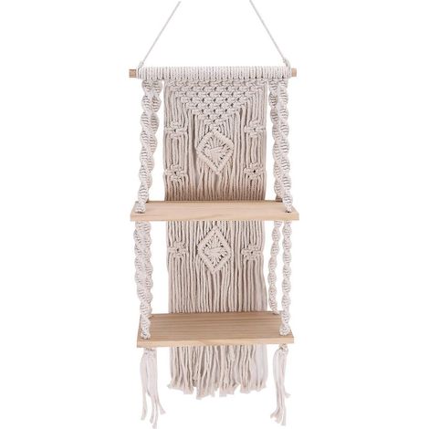 Étagère murale suspendue en macramé à pompons, style bohème, en corde de coton tissée, avec support pour plantes, décoration pour la maison et la chambre. (1/5)