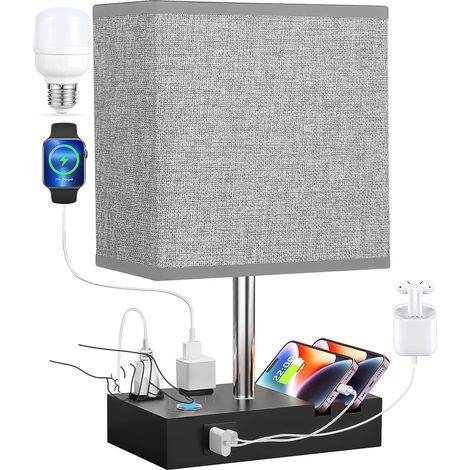 Lampe de chevet en fer de 40,4 cm (15,9 po) avec abat-jour blanc cassé, variateur tactile, chargement USB (1/5)