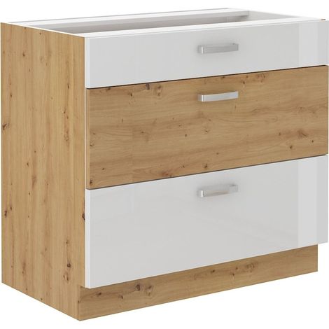 Küchen Unterschrank 80 cm Eiche Artisan + Weiß Hochglanz Vollauszug Soft-Close (1/5)
